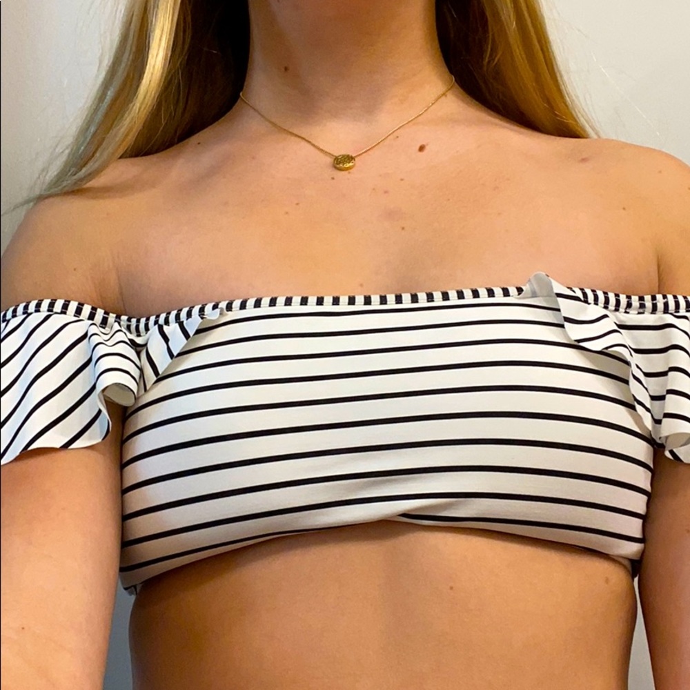 striped off the shoulder bikini top